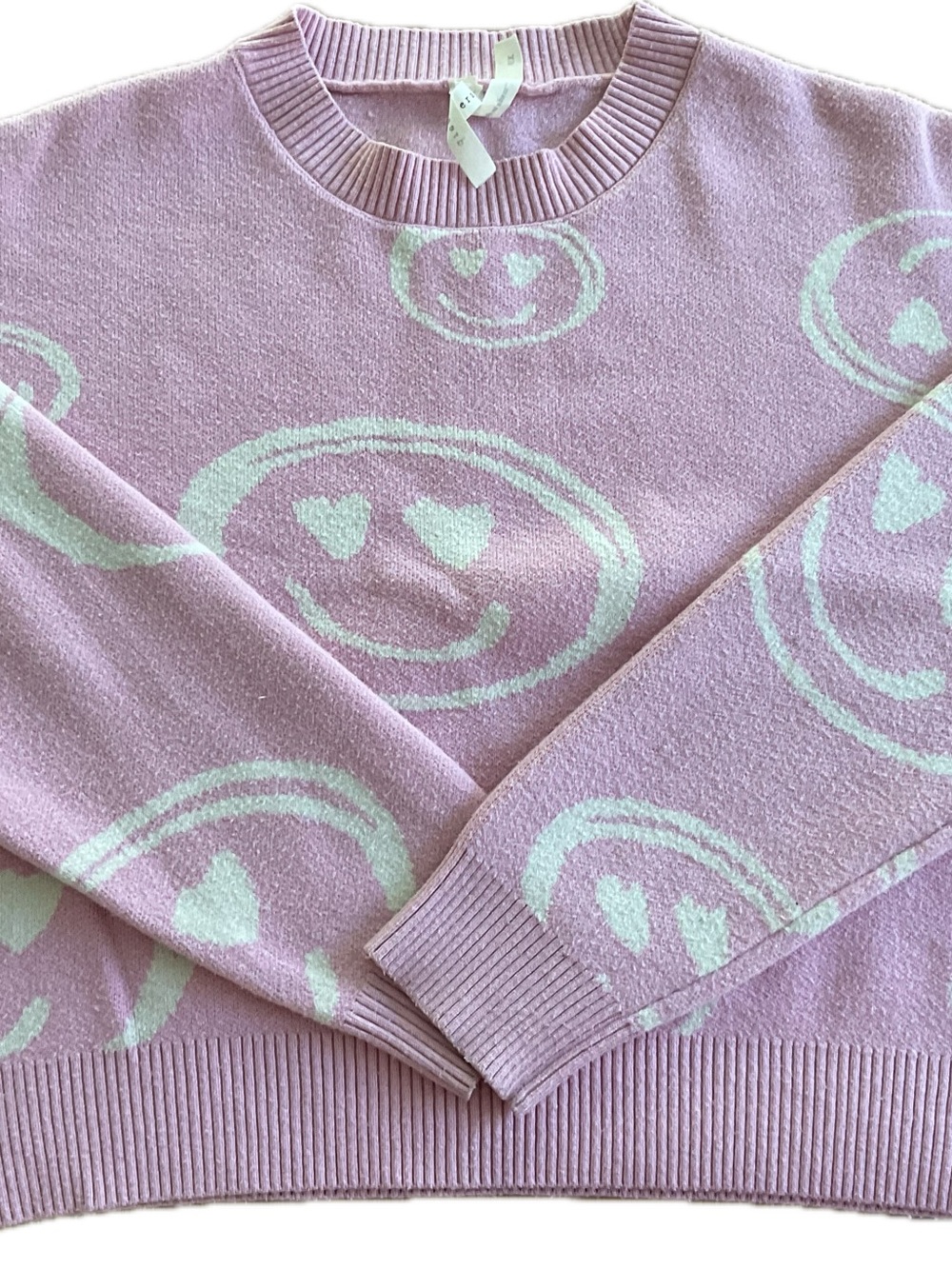 Light Pink Smiley Crewneck Sweater with White Heart-Eye Motif